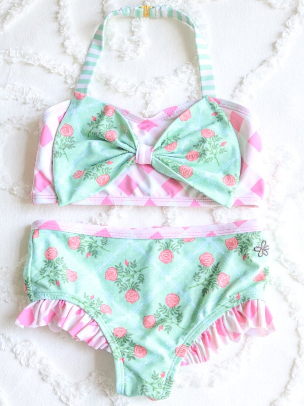 Matilda Jane | Gingham Ruffle Floral Bow Sandcastle & Swim in Halter Two Piece 8